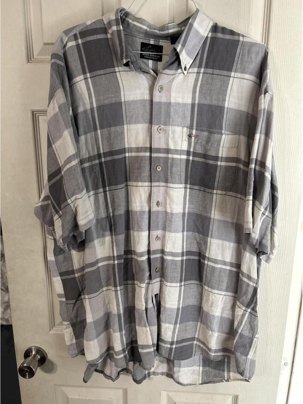 greg norman collection men’s XXL gray plaid linen/cotton blend button-up shirt